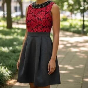 Eliza J Sz 4P Red/Blk Floral Dress Beaded Collar Lace Fit and Flare